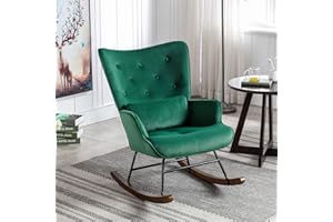 HomeMiYN Velvet Rocking Chair for Nursery Tufted Buttoned Reading Chair With Soft Lumbar and Wood Legs Recliner Relaxing Chair for Balcony Living Room Bedroom (Dark Green)