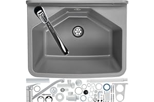 gospo Ausgussbecken mit Armatur, Siphon, 46 x 37 x 20 cm, Waschbecken aus Kunststoff, Waschtrog für Garten, Garage, Keller, Werkstatt, Wandmontage, Spülbecken inkl. Zubehör (grau)