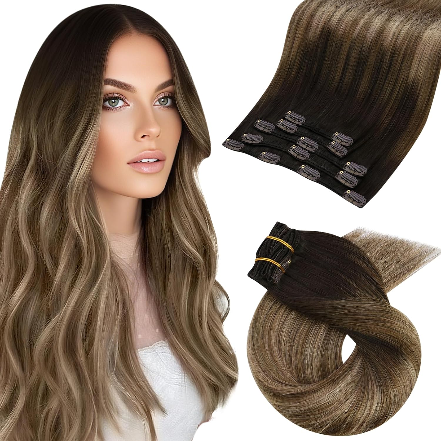 Moresoo Brown Clip in Hair Extensions Balayage 16 Inch Ombre Golden Brown with Honey Blonde Hair Extensions Clip in Real Human Hair 80g 5 Pieces Straight Hair #4/10/16