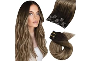 Moresoo Clip in Hair Extensions Real Human Hair 18 Inch Dark Brown to Golden Brown with Honey Blonde Clip in Human Hair Extensions Remy Straight Lightweight All Day Use 5pcs/80G #4/10/16