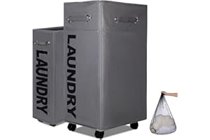 Caroeas Panier à Linge 108L avec Roulettes, Pliable et Étroit, Grande Capacité, Bac de Rangement sur Roues pour Petit Espace，Gris