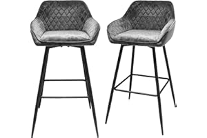 Requena Pair of Bar Stools, Fabric Upholstered Seat with Armrest and Backrest, Black Metal Legs, Kitchen Breakfast Barstool, Counter Chair BAR01 (Velvet-Dune Grey)