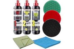 PFLEGEN UND POLIEREN Kit de polissage pour voiture avec 3 polissages, tampons hexagonaux de 165 mm de diamètre et chiffons de polissage