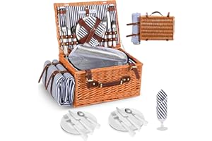 Panier de Pique Nique pour 4 Personnes, SenDeluz Panier Pique Nique en Osier avec Compartiment Isotherme, Couverture Pique-Nique Imperméable et Couverts, Panier Picnic pour Camping, Bleu