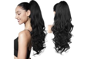 REECHO Ponytail Extension, 24" Claw Clip in Ponytail Extensions Long Curly Wavy Ponytail Hair Extension Jaw Clip on Pony Tails Hairpiece for Women - Natural Black