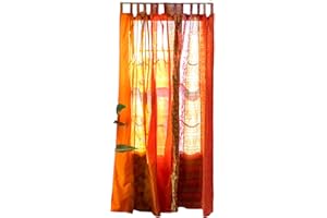 RAJBHOOMI HANDICRAFTS Indian Old Sari White Color Curtain Door Drape Window Decor Silk Sari Hippie Recycle Curtains, 210 x 105 cm (Orange)
