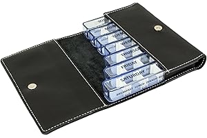 Medidose - Portapillole 7 giorni | 1 piccolo portapillole per ogni giorno della settimana | 4 scomparti: "Colazione, pranzo, cena, ora di coricarsi" | Custodia in vera pelle nera