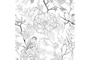 SOEWIOU Floral Peel and Stick Wallpaper,600 * 44.5cm Removable Waterproof Wallpaper Sketching Flowers and Birds Contact Paper for Nursery Home Decorations