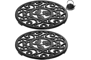 Coloch 2 Pack Cast Iron Trivet with Pegs, 12cm/4.6" Round Metal Trivet with Vintage Patterns Rustproof Hot Pot Holder Pads for Serving Hot Dishes, Pans, Pots, Tea Pots, for Kitchen Counter Top, Black