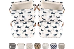 LessMo 4 Pack Storage Baskets, Collapsible Mini Storage Boxes, Canvas Fabric Waterproof Storage Bins made from Cotton and Linen, for Toys, Bathroom, Closets, Playroom (WHALE, Thick fabric)