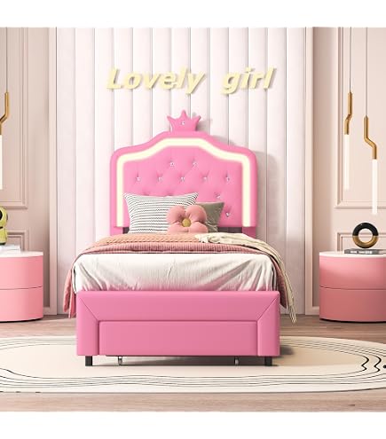 Letto Singolo In Metallo Con Luci LED - 90x190 Cm, Rosa, Con Rete A Doghe E Spazio Sottostante, Moderno Per Camera
