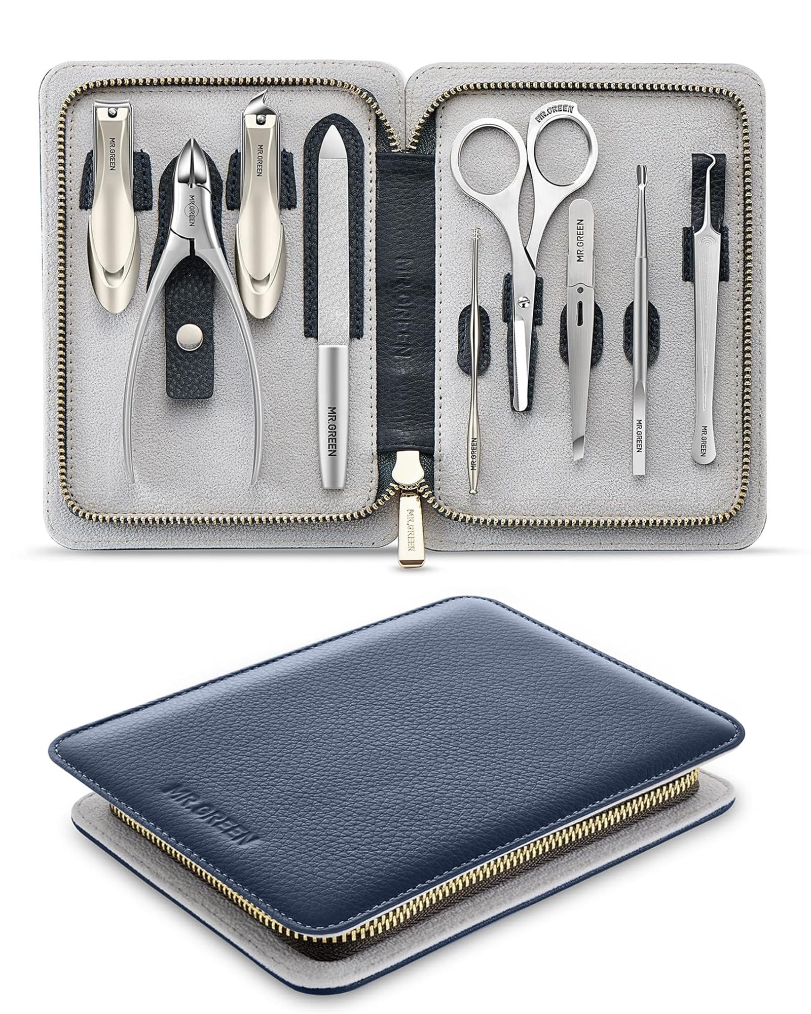 MR.GREEN 9 in 1 Manicure Set Pedicure Kit, German Stainless Steel Nail Clippers Set, Anti Splash Heavy Duty Nail Cutters, Professional Nail Care Tools with Travel Leather Case for Men and Women