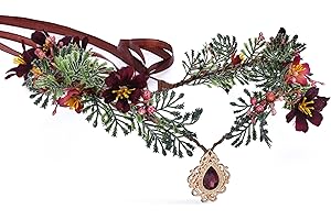 MOSTORY Daphne Elf Flower Fairy Crown - Woodland Fairy Halo Headband Claret Flower Headpiece with Crystal for Cosplay Halloween Renaissance Christmas Party Wedding Bridal Women Girls