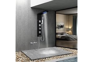 ROVOGO LED Colonne de Douche Hydromassante sans Mitigeur, 4 Fonctions: Douche Pluie, Jet de Massage, Douchette et Bec Bain déverseur, Panneau de Douche en Acier Inoxydable 304, Noir