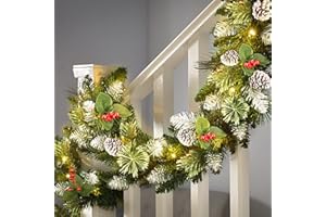 SHareconn 9FT(270 cm) Pre-Lit Artificial Christmas Garland, with Red Berries and Pine Cones, with Warm White & Multi-Color Lights with Timer Function, for Xmas Decoration, Snow