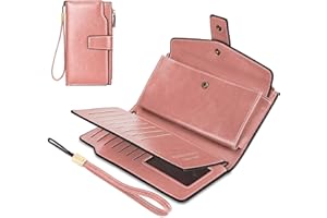 AOVNEA Portefeuille Femme en PU Cuir, Grande Capacité Porte Monnaie Femme avec RFID Blocage & Bracelet Détachable, Porte Feuilles pour Femme Lisse avec Emplacements Cartes et Fermeture Eclair (Rose)