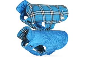 VIVAGLORY Softjoy Dog Coat, Coat & Jacket for Dog Winter & Christmas, Jacket with Harness Hole, Reversible Plaid Checkered Warm Fluffy Heavy Duty, M, Blue