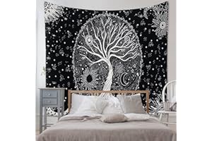 THE ART BOX Tapisserie murale arbre de vie bohème soleil lune feuille de coton hippie esthétique nature pour chambre à coucher et salon, décoration d'intérieur (noir et blanc, 140 x 215,9 cm)