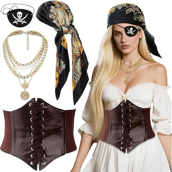 FOUNSHO – Lot De 4 Accessoires Déguisement Pirate Femme – Bandana, Corset Médiéval, Collier Et Cache-œil – Rouge – Halloween, Carnaval, Jeu De Rôle