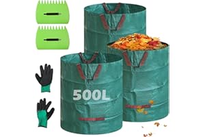 Gemsaya 3x 500L Garden Waste Bags, Heavy Duty Garden Bags with Handles, Reusable Gardening Rubbish Sacks with 1 Pair Gloves & 2pcs Leaf Rake, Waterproof Green Waste Sack for Waste Plant Grass Leaves
