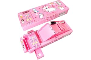LilyBeauty Estuche multifunción Pop Up para niñas y niños, bonito organizador de lápices de dibujos animados, sacapuntas, calendario, pizarra blanca, suministros escolares para niños, Rosa., 27 cm,
