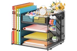 Marbrasse Desk Organiser Tray,4-Tier File Paper Letter Trays with 1 Hanging Pen Holder and 6 Divider Drawer,Mesh Paper Document Filing Storage Rack,Desk Magazine Organizer for Home Office (Black)