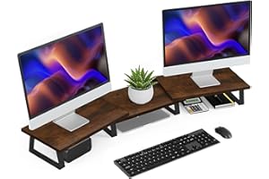 Aothia Support de moniteur double en bois avec longueur et angle réglables, étagère de bureau pour écran, organiseur de bureau pour PC/moniteur/imprimante (vintage)