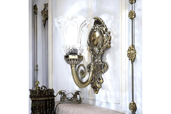 Prop It Up British Style Antique Brass Finished Wall Mounted Hanging Pendant Lamp for Single Bulb Wall Sconce with Etching Glass Shade