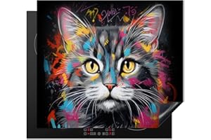 KitchenYeah© Protection Pour Plaque Induction 60x52 cm Plaque de Deco Cuisine Protégé Cache De Cuisson Vitroceramique Chat - Graffiti - Animaux - Couleurs - Gris