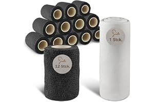 nilo Set Selbstklebender Verband - 12 Rollen 10cm x 4,5m & Mullwatte 40 cm x 5 m/Selbsthaftende Bandage & Polsterwatte Verband 1000g / atmungsaktive & elastische Binde schwarz, Mullwatterolle Pferd