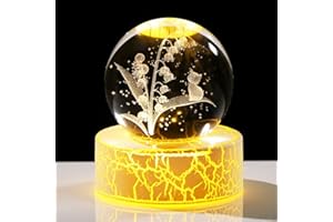 Ornalrist 6cm Crystal Ball Engrave Lily of the Valley and Cat Figurine with Warm Light LED Base Cat Flower Collectible Ornaments Gifts for Women on Birthday Christmas