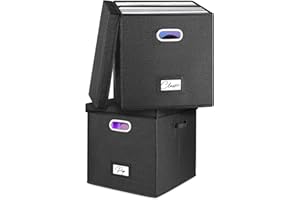 Woodoulogy Vinyl-Schallplatten-Aufbewahrungsbox, 2er-Set, für 100+ einzelne LPs, stapelbare Alben, Leinenkiste mit Deckel, Musiksammlungshalter, Dokumentenmappe, Schrank, Organizer mit Griff, 2 Stück