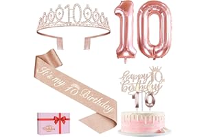 AMOSKING 10. Geburtstag Mädchen Deko, 10. Geburtstag Krone und Schärpe, Happy Birthday Tortendeko Kerzen, Luftballons Rosegold, Geschenke für Mädchen 10 Jahre