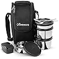 SOPL-OLIVEWARE Executive Lunch Box, 100% Leak Proof, 4 Stainless Steel Containers with BPA Free Lids (2x300ml & 2x600ml), Plastic Pickle Box (130ml), Steel Cutlery, Fabric Bag (Black)