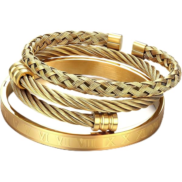 JeweBella 4 Pezzi Bracciale Uomo Argento/Oro/Nero Acciaio Inossidabile Aperto Bracciale Rigido Bracciale Catena Set Bracciali Uomo Gioielli