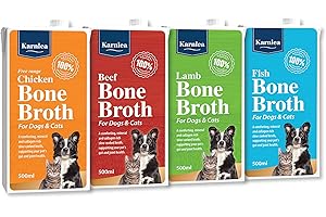 Karnlea Bone Broth Variety Pack - 4 x 500ml | 100% Real Chicken, Beef, Fish & Lamb Liquid Bone Broth for Cats & Dogs | High in Collagen & Protein for Healthy Joints, Gut, Digestion, Skin & Sickness