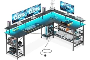 ODK L Shaped Gaming Desk with LED Lights & Power Outlets, 168×120cm Reversible Corner Desk with Storage Shelves, Computer Desks with Monitor Stand, Carbon Fiber Black
