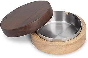 HOLEMZ Aschenbecher mit Deckel Groß Edelstahl Hölzern Windaschenbecher Winddicht für Draussen Innen Büro Wohnzimmer Haus Rauchen Zigaretten 12×12×5 cm