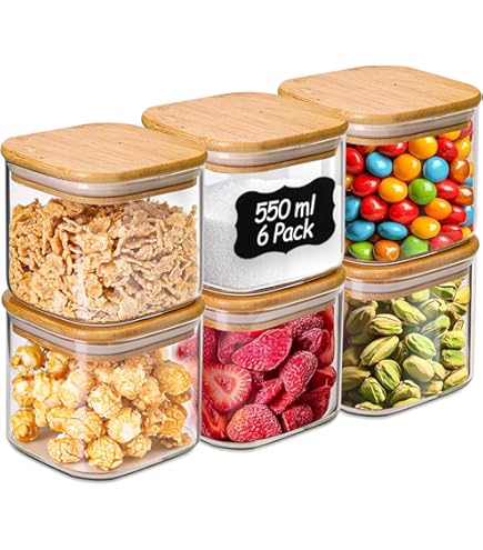 YBCPACK 4-delige set voorraadpotten met deksel 1600ml, luchtdichte voorraadpotten van borosilicaatglas, hoekige bewaarpotten met bamboedeksel keuken voor spaghetti, bonen, cornflakes
