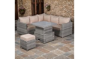 Club Rattan High Back Compact Corner Sofa Set with Rising Table (Beige grey)