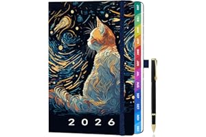 ZXHQ A5 Diary 2026 Week to View, Jan - Dec 2026 Full Year Weekly and Monthly Planner, Colorful Monthly Tabs, UK Holiday, with Pen, Inner Pocket - (5.9" × 8.5") - Cat
