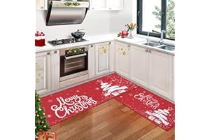 CAROMIO Weihnachts Küchenmatten Set mit 2 Stück, Flachsähnliche Weihnachts Küchenteppiche und Matten, Gewebte Weihnachtsbaummatten Weihnachtsküchendekorationen für Zuhause, 40 x 60 cm + 40 x 120 cm