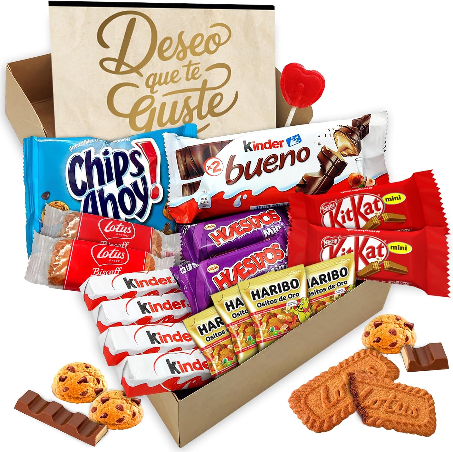 Cajita Regalo Original con 17 Chocolates Kinder Bueno, Cards, Kinder Chocolate, Twix, Mars, Kit Kat, Huesitos, Galleta Lotus Biscoff y Mucho Más · Día de la Madre · Con Tarjeta y Texto Personalizada