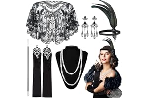 OUMAIFENG 1920er Jahre Kostüm Damen Set, Faschingskostüme Damen Gatsby 20er Jahre Accessoires Zeitreise Kostüm Damen Zubehör Retro Inklusive Stirnband Halskette Handschuhe Ohrringe Handheld-Requisiten