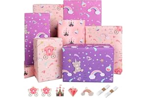 EDUNASS Papier Cadeau Anniversaire Fille Enfant Château Papier Anniversaire d'emballage Papier Emballage Cadeau Violet Rose Papier Cadeaux epais