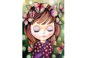 OWN4B Kit per punto croce su tela prestampata, motivo stampato con ragazza e farfalle, 11 ct, 36 x 46 cm, kit per ricamo fai da te (ragazza)