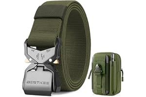 BESTKEE Ceinture Tactique, 3.8 cm Ceinture de Travail Militaire, Boucle en Métal à Dégagement Rapide, Offerte avec Sac Tactique MOLLE