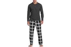 Vlazom Herren Pyjama Set Lang Zweiteiliger Schlafanzug Herren Kariert Flanell Hose und einfärbiger T-Shirt