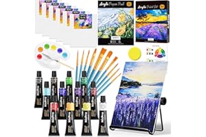 Nicpro Acrylfarben Set für Erwachsene, 34-teiliges Malset mit 12 Acrylfarben, Tischstaffelei, 6 Leinwänden, 10 Pinseln, Malblock, Schwamm, Farbrad und Palette für Anfänger, Kunstmalerei Set