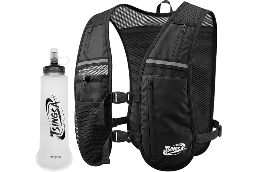 TSINGSA Hydration Backpack,Dual-size Adjustment Strap Running Vest, Lightweight,Breathable Running Backpack with 500ml Water Bottle and Large-capacity Pockets, Skin-friendly Fabric Vests for Women&Men